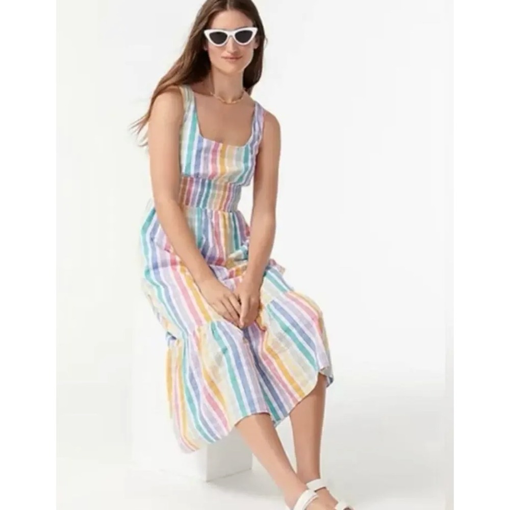 NWT J. CREW Square-Neck Maxi Dress Women's 0 Rainbow Gingham Striped AX326